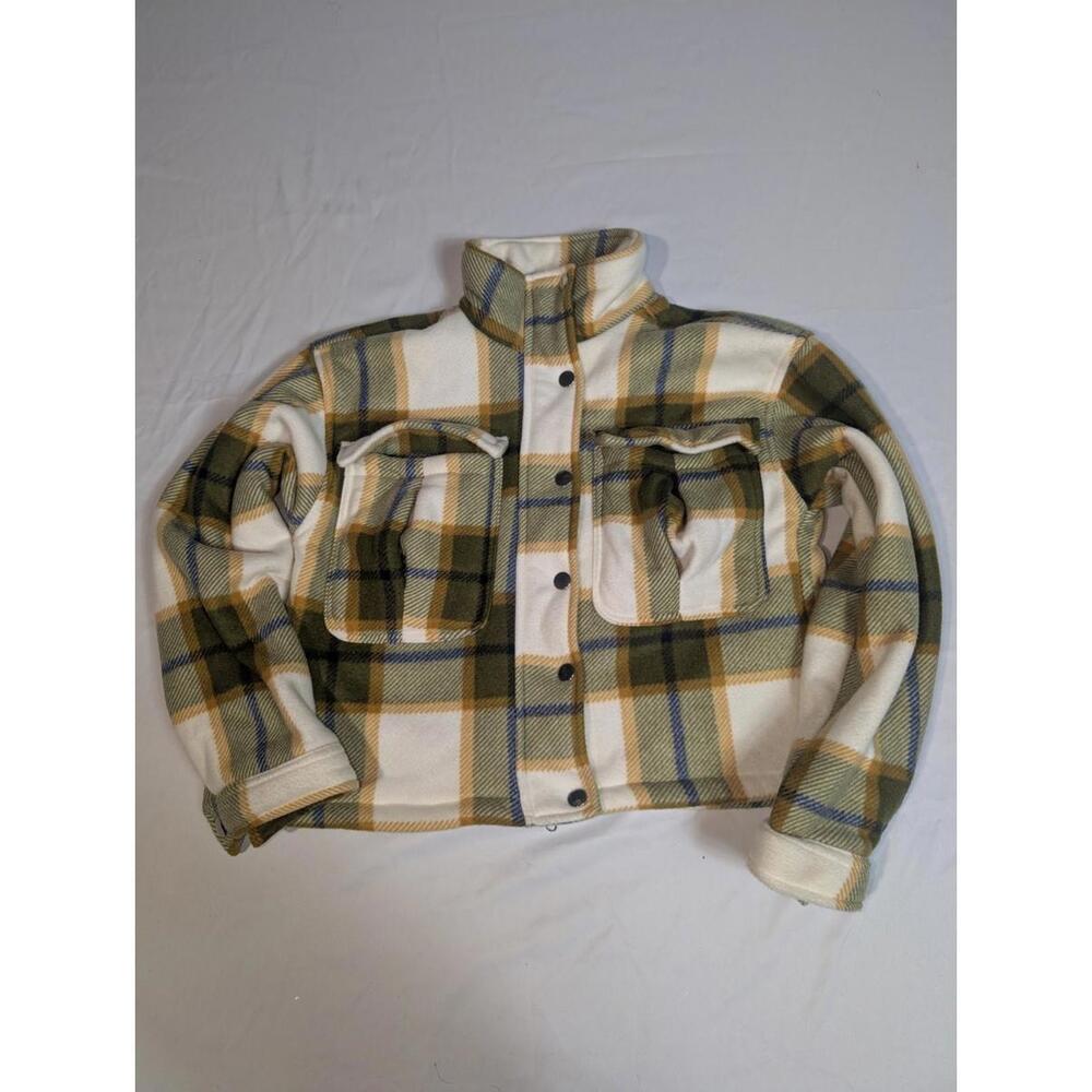 TAXI Green Plaid Cropped Fleece Jacket Women's Size Small S Snap Button Shacket